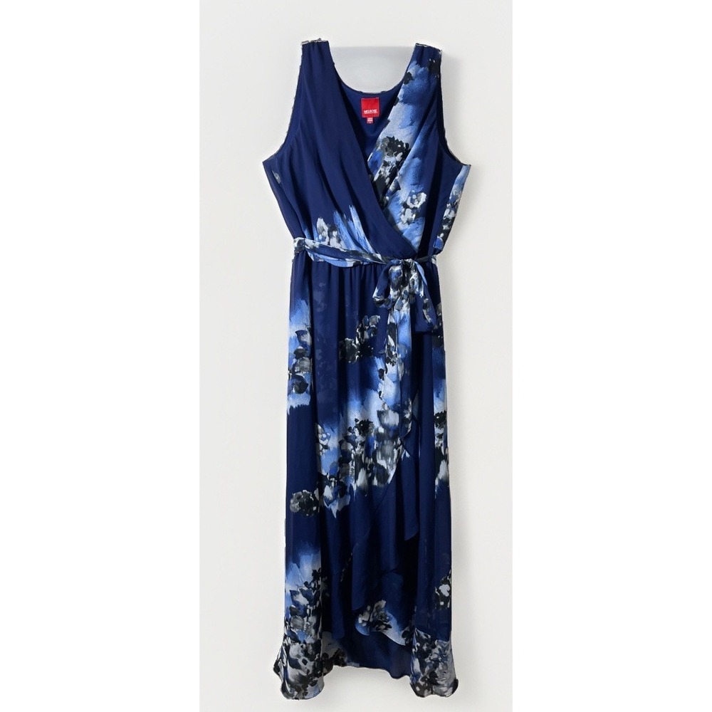 Melrose Navy Blue Floral Faux Wrap Hi-Lo Hem Sleeveless Maxi Lined Chiffon 14